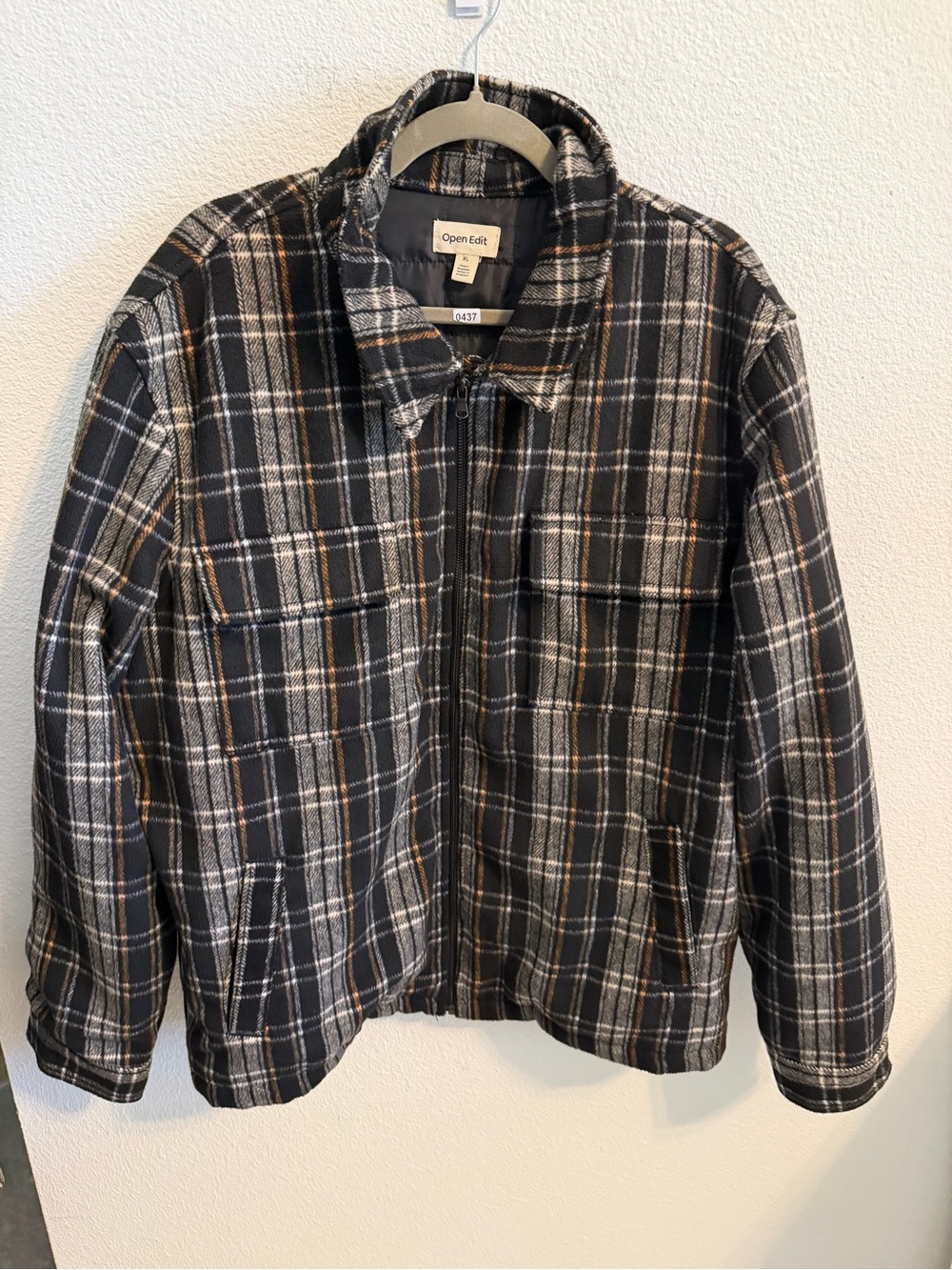 Open Edit Men's Black Plaid Lightweight Zip Shirt Jacket